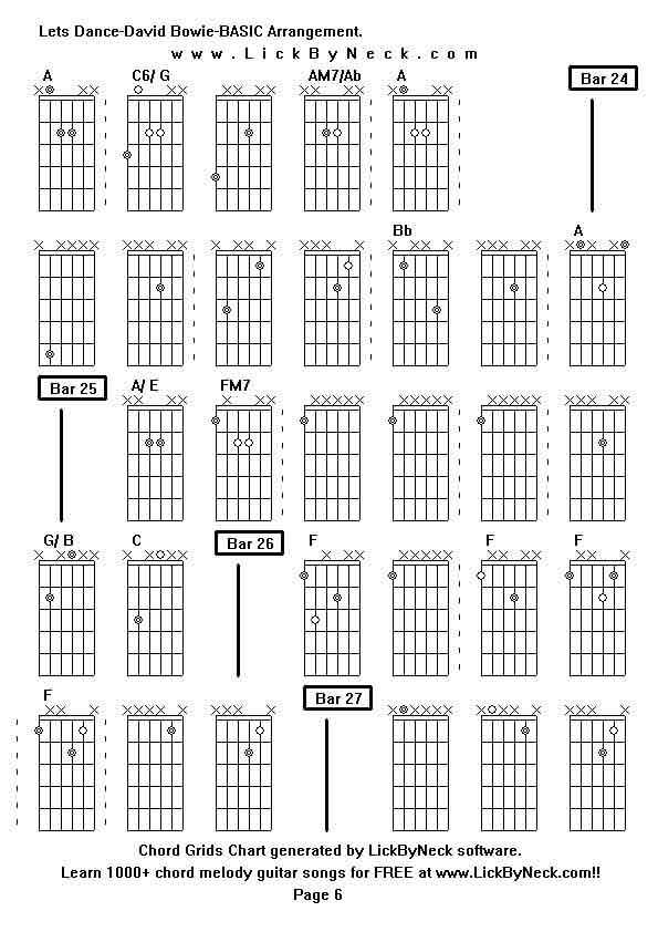 Chord Grids Chart of chord melody fingerstyle guitar song-Lets Dance-David Bowie-BASIC Arrangement,generated by LickByNeck software.